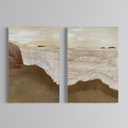 “Shades Of Beige Beachscape” Textured Canvas Pair 36x48in