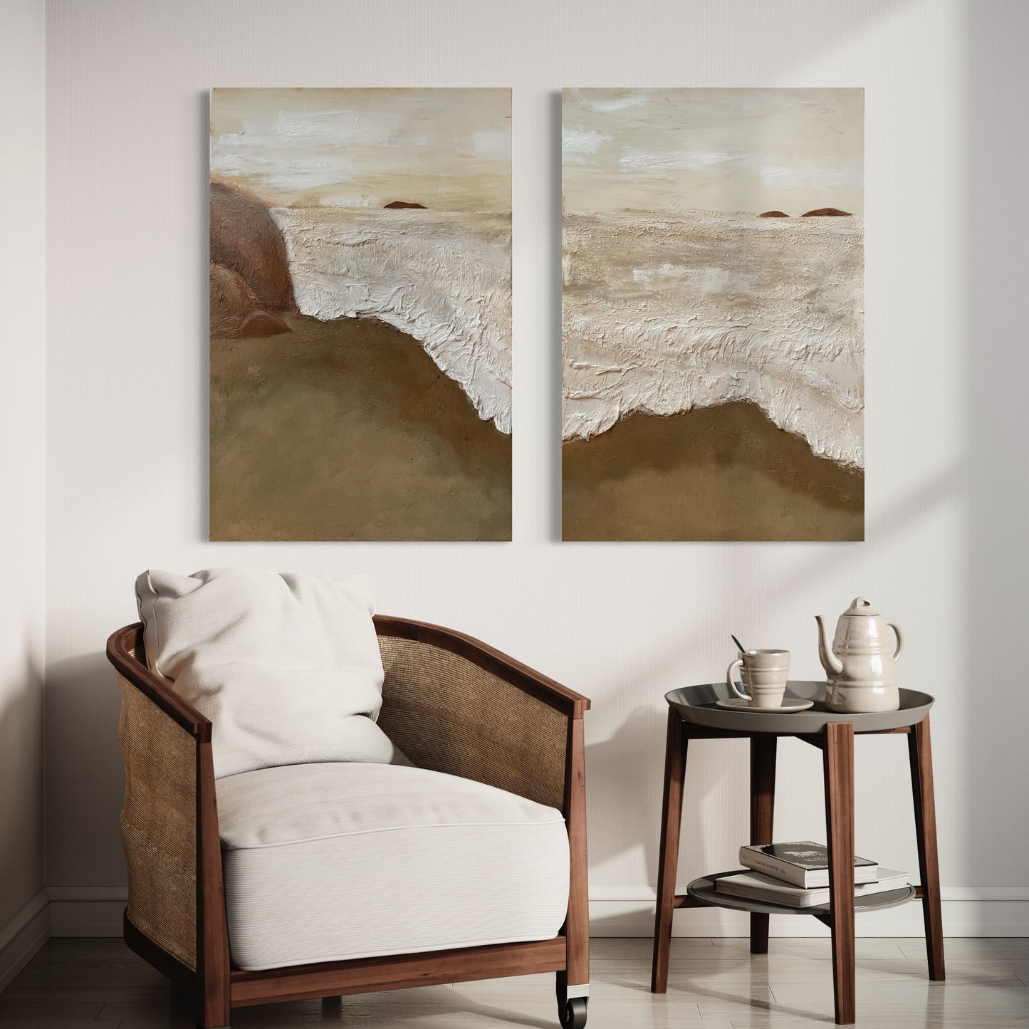 “Shades Of Beige Beachscape” Textured Canvas Pair 36x48in